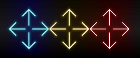 Neon icons. Ui arrow. Set of red, blue, yellow neon vector icon on darken background