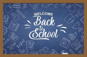 Back to School banner with texture from line art icons of education, science objects and office supplies on the blue background