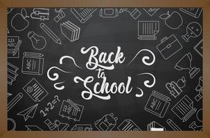 Back to School banner with texture from line art icons of education, science objects and office supplies on the daark background vector