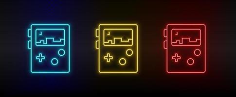 Neon icons. Portable console gaming retro. Set of red, blue, yellow neon vector icon on darken background