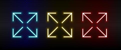 Neon icons. Ui arrow. Set of red, blue, yellow neon vector icon on darken background