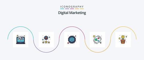 la línea de marketing digital llenó el paquete de iconos planos 5 que incluye la flor. gestión de datos. Cuota. conexión vector