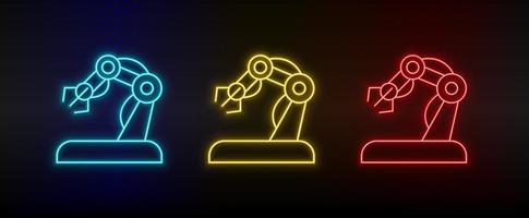 Neon icons. hand robotic arm. Set of red, blue, yellow neon vector icon on darken background