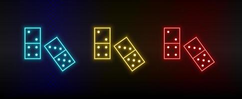 Neon icons. Domino retro arcade. Set of red, blue, yellow neon vector icon on darken background