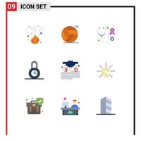 9 User Interface Flat Color Pack of modern Signs and Symbols of material time play protection care Editable Vector Design Elements