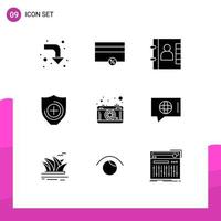 User Interface Pack of 9 Basic Solid Glyphs of chat lense contacts photography shield Editable Vector Design Elements