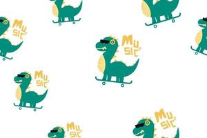 Vector pattern dino listening music on skateboard concept design illustration