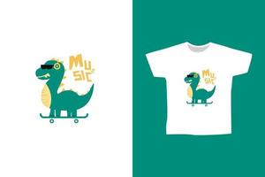 Vector cute dino listening music on skateboard for print or t shirt design