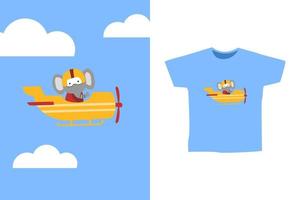 Vector illustration of little elephant pilot on airplane for t-shirt