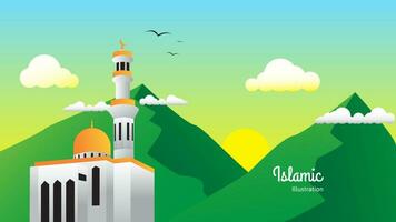 islamic landscape vector illustration with mountain, mosque, cloud and sun. vector illustration