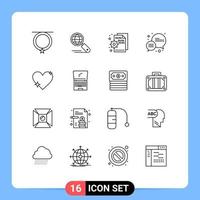 Pictogram Set of 16 Simple Outlines of love message browser chat setting Editable Vector Design Elements