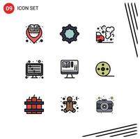 9 Thematic Vector Filledline Flat Colors and Editable Symbols of album book garbage monitor sound waves Editable Vector Design Elements