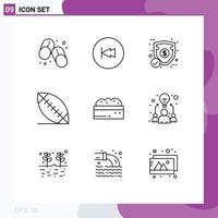 9 User Interface Outline Pack of modern Signs and Symbols of bush sport rewind football security Editable Vector Design Elements