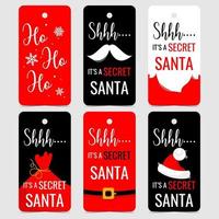 Vector illustrations of Secret Santa labels and tags in red, black and white colours with Christmas elements, mustache and beard of Santa Claus, bag with Christmas gifts, Santa's red hat and suit.