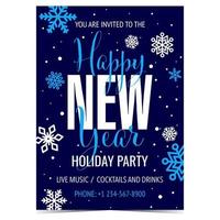 Happy New Year holiday party banner, poster or invitation card with white snowflakes on blue background. Vector illustration for promotion, announcement of New Year celebration party on December 31.