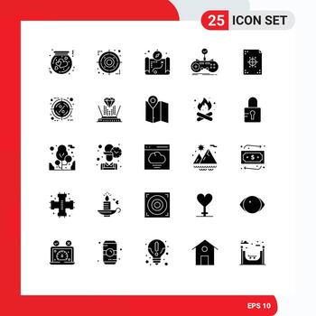 Pictogram Set of 25 Simple Solid Glyphs of gaming game target controller camping Editable Vector Design Elements