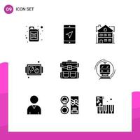 Mobile Interface Solid Glyph Set of 9 Pictograms of bag travel apartment tray cookies Editable Vector Design Elements