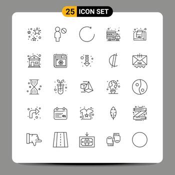 conjunto de línea de interfaz móvil de 25 pictogramas de elementos de diseño de vector editables de dominio de gestión de rotación de bolsa de inicio