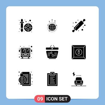 paquete de línea de vector editable de 9 glifos sólidos simples de carrito autobús público rodillo de pan de autobús global elementos de diseño de vector editable