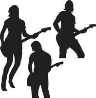 Vector illustration silhouette bassist men adult pose set isolated on white background