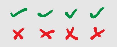 Check mark, tick and cross brush signs, green checkmark OK and red X icons, symbols YES and NO button for vote. vector