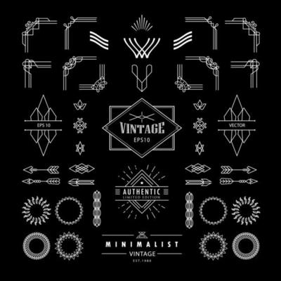set of linear thin vintage line geometric deco shape art retro with frame corner badge design elements