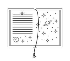 libro abierto vectorial lineal con ilustración del espacio ultraterrestre. libro de texto de esquema aislado de astrología en blanco vector