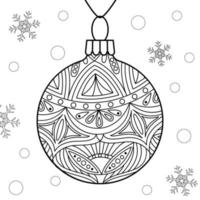 bola de árbol de navidad decorativa lineal vectorial con copos de nieve. contorno aislado decoración de vidrio winted para colorear página en blanco vector