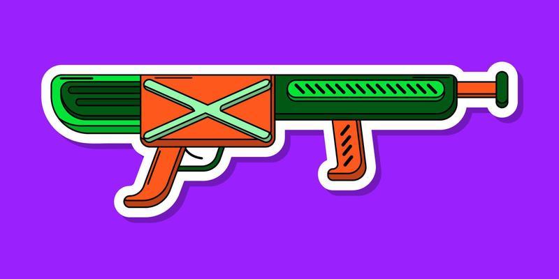 Vector cartoon blaster sticker. Isolated colorful toy gun with white contour. Futuristic weapon design