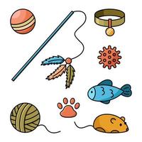 Vector cartoon set of cat toys and collar. Isolated icons of different balls, mouse and fish, rod with feathers and ball