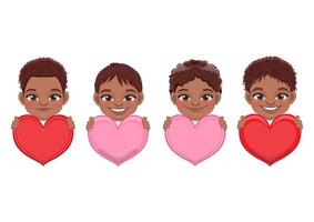 Collection of Cute little American African Boys Holding Red and Pink Hearts, Happy Kids Celebrating Valentine s Day Vector Illustration