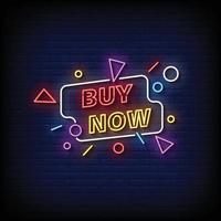 neon sign buy now with brick wall background vector illustration