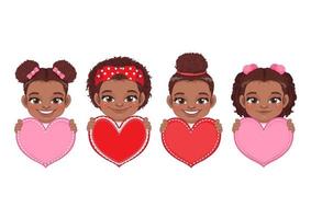 colección de lindas niñas africanas americanas con corazones rojos y rosas, niños felices celebrando la ilustración vectorial del día de san valentín vector