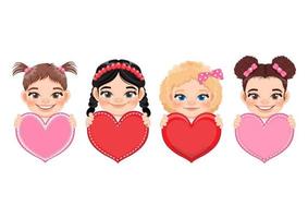 Collection of Cute little Girls Holding Red and Pink Hearts, Happy Kids Celebrating Valentine s Day Vector Illustration