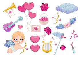 Set of Valentine Elements with Cute Cupid, Valentine's Day Items Vector