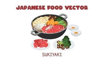 Japanese Sukiyaki with beef, mushroom, raw eggs flat vector design illustration, clipart cartoon style. Asian food. Japanese cuisine. Japanese food