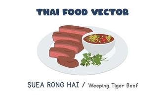 Thai Suea Rong Hai - Crying Tiger Beef or Weeping Tiger Beef flat vector clipart cartoon. Asian food. Thai cuisine. Thai local food