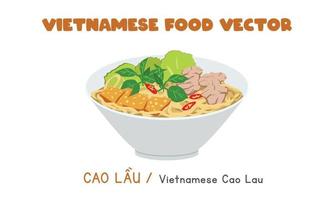 Vietnamese Cao Lau noodles with pork and vegetables flat vector design. Cao Lau clipart cartoon style. Asian food. Vietnamese cuisine