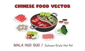Chinese Mala Huo Guo - Sichuan-style Hot Pot flat vector design illustration, clipart cartoon style. Asian food. Chinese cuisine. Chinese food