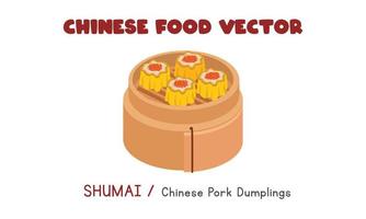 Chinese Shumai - Chinese Pork Dumplings in a bamboo steamer flat vector design illustration, clipart cartoon style. Asian food. Chinese cuisine. Chinese food