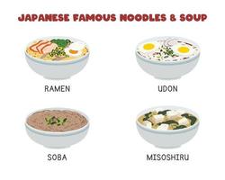 Vector set of the most famous Japanese noodles and soup. Ramen, Udon, Soba, Miso Soup flat vector design illustration, clipart cartoon style. Asian food. Japanese cuisine. Japanese food