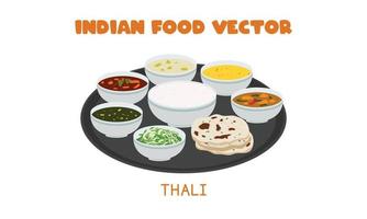 thali indio - comida tradicional india famosa con naan y varios platos servidos en una ilustración de diseño de vectores planos, estilo de dibujos animados de clipart. comida asiática. cocina india. comida india