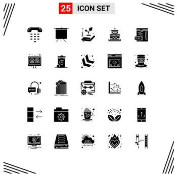 paquete de 25 signos y símbolos de glifos sólidos modernos para medios de impresión web, como codificación, programación, codificación manual, elementos de diseño de vectores editables para bodas