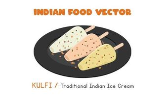 Indian Kulfi - Traditional Indian Ice Cream, frozen dairy dessert flat vector illustration clipart cartoon style, isolated on white background. Asian food. Indian cuisine. Indian food