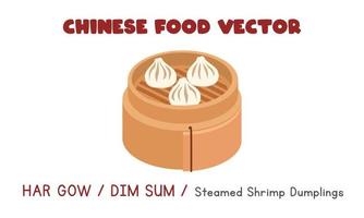 chino har gow o dim sum - albóndigas de camarón al vapor chino en una ilustración de diseño de vector plano de vapor de bambú, estilo de dibujos animados de clipart. comida asiática. cocina china. comida china