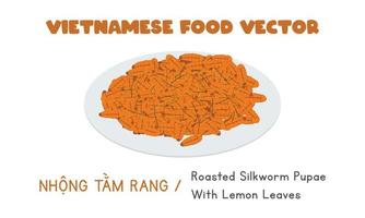 Vietnamese roasted silkworm pupae with lemon leaves flat vector design. Nhong Tam Rang clipart cartoon style. Asian food. Vietnamese cuisine exotic food