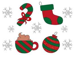 Set of Christmas attributes icons. Candy cane red and green with ribbon. Gift sock. Christmas tree toy. And cup of cocoa or coffee with whipped cream. vector