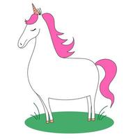 unicornio con una melena rosa en la hierba. caballo garabato. ilustración de niño simple vectorial. vector