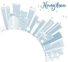 esbozar el horizonte de Hangzhou con edificios azules y espacio de copia. vector