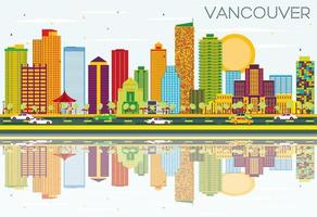 Vancouver Skyline with Color Buildings, Blue Sky and Reflections. vector